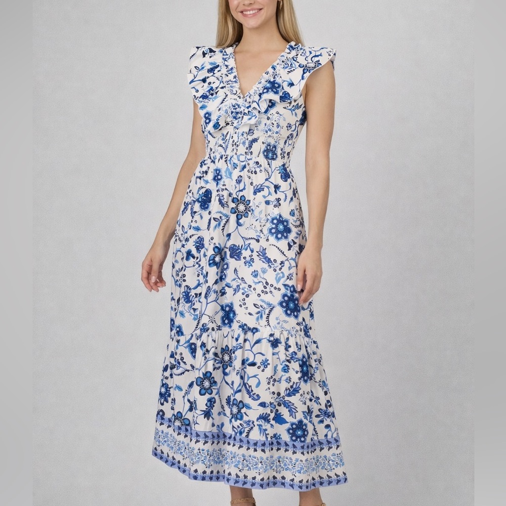 🆕🫐Adrianna Papell Blue White Floral Ruffle Midi Dress Waist Cottagecore 14 NWT